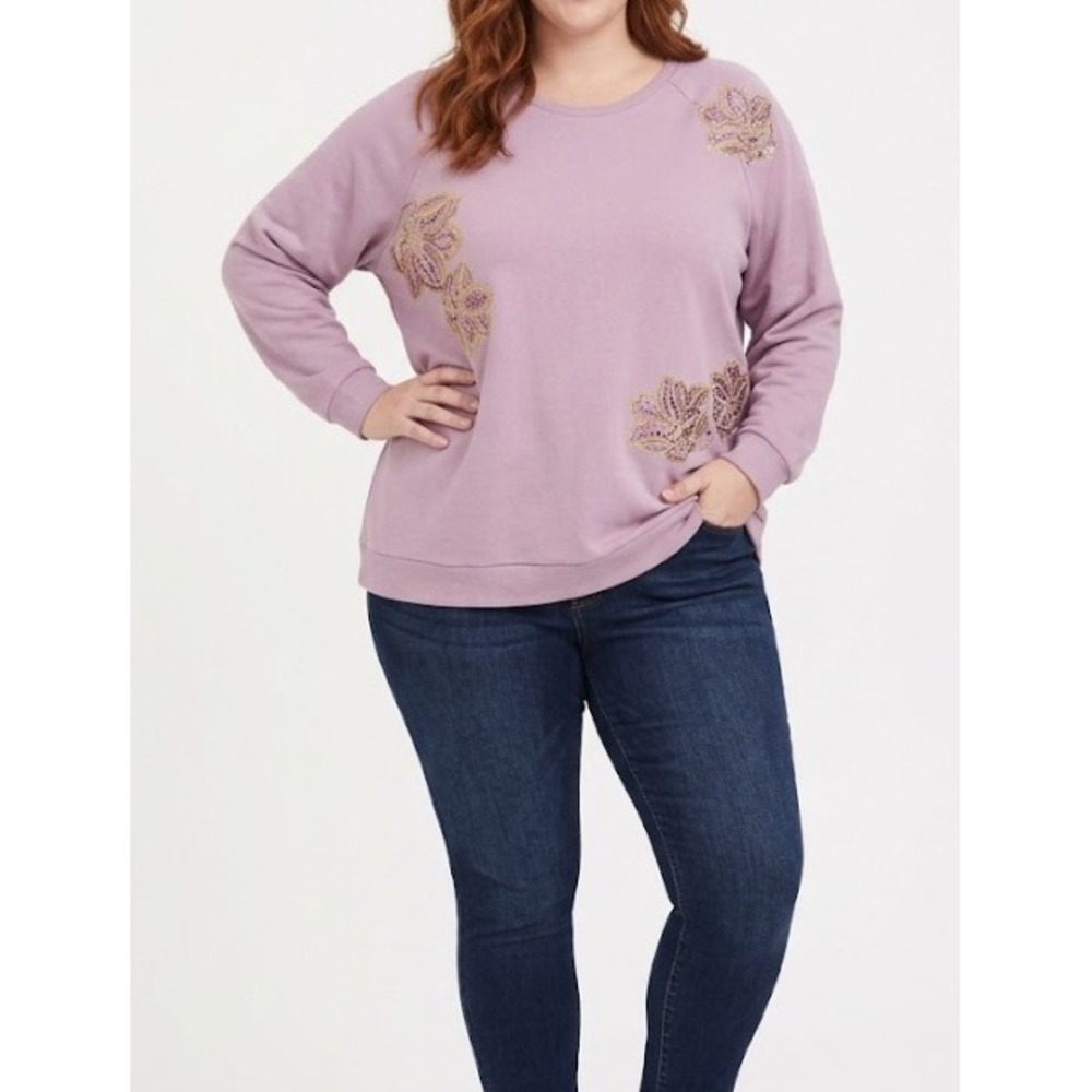 New DG2 Diane Gilman Sweatshirt 3X Purple Mauve Floral Sequin Embroidered Fleece